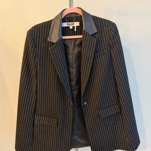 DKNY Black Pinstripe Blazer with Leather-Look Collar